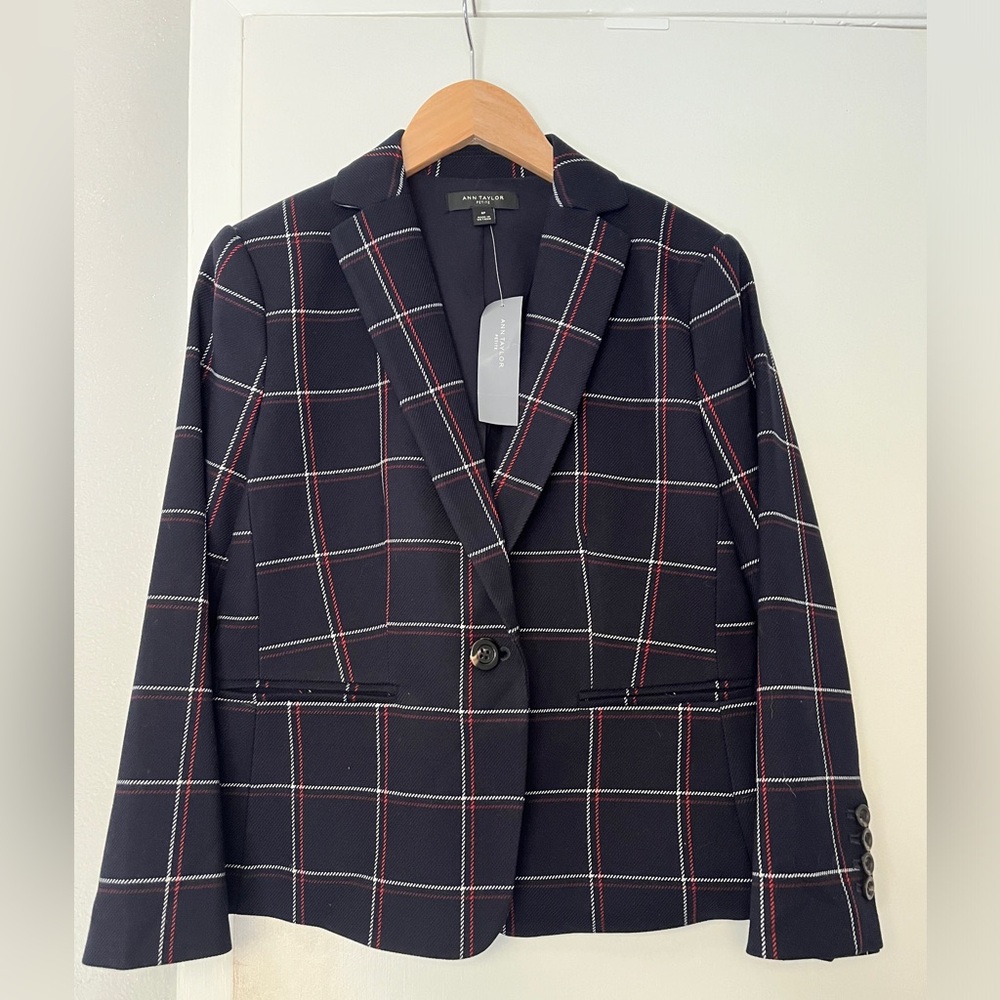 Ann Taylor Navy Windowpane Plaid Blazer with Red & White Trim